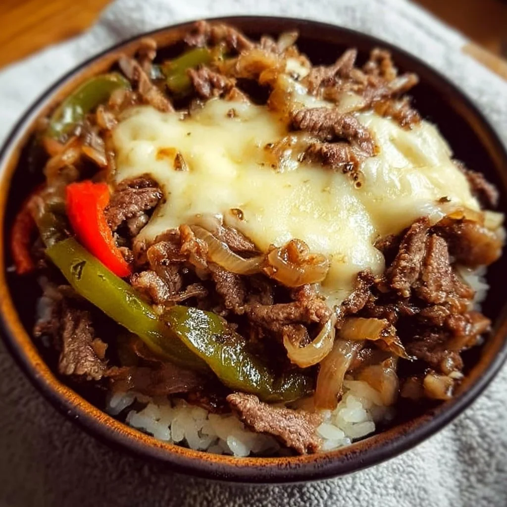 Delicious Philly cheesesteak bowls with peppers, onions, and seasoned beef.