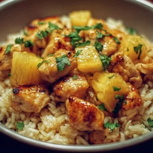 Delicious pineapple chicken served with rice on a plate