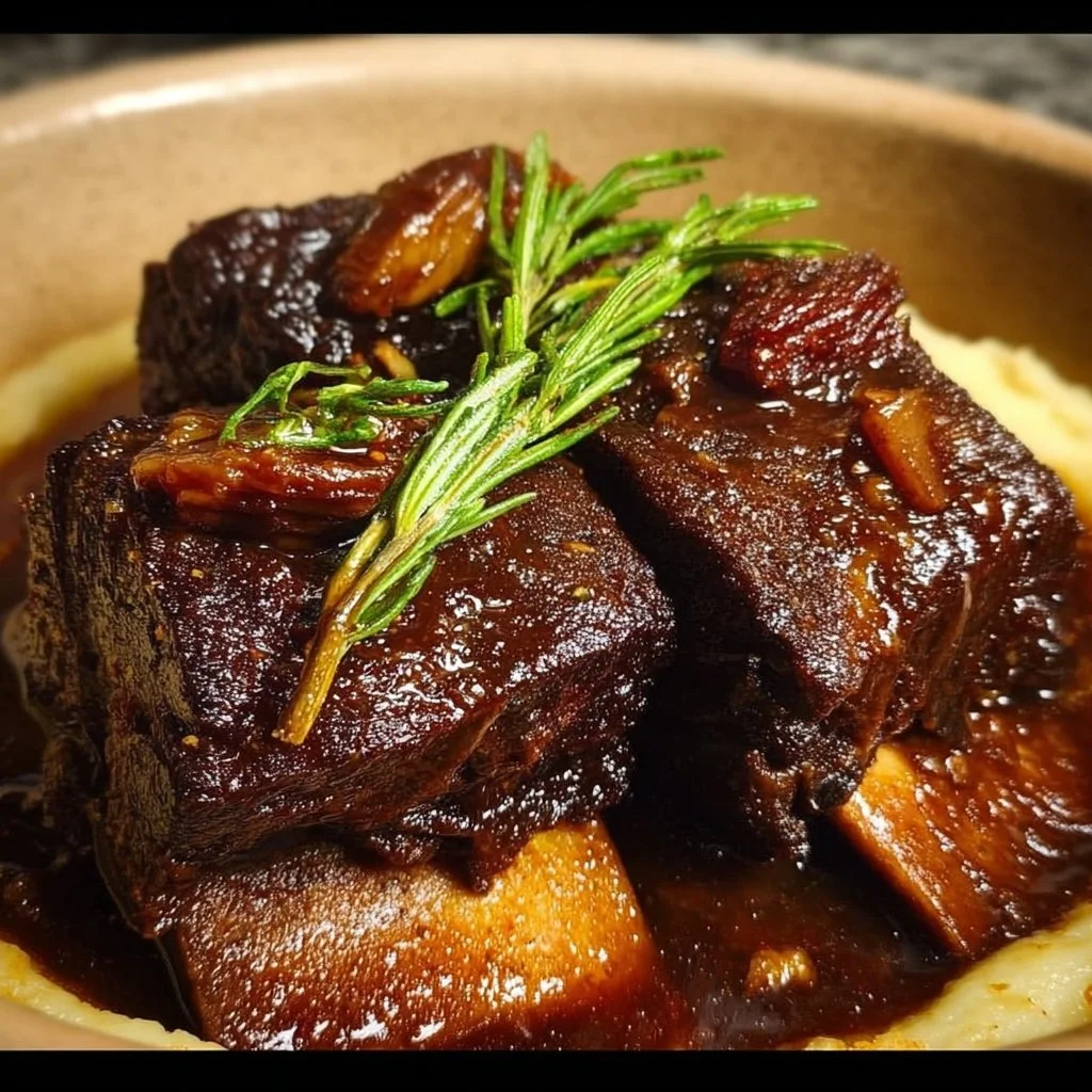 Slow-braised beef short ribs served with vegetables
