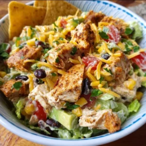 Colorful Southwest Chicken Salad with grilled chicken, avocados, and veggies