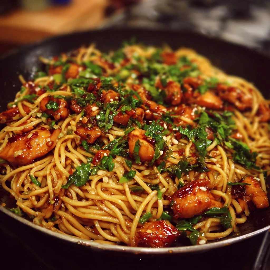 Sticky Garlic Chicken Noodles dish with vibrant ingredients and sauce