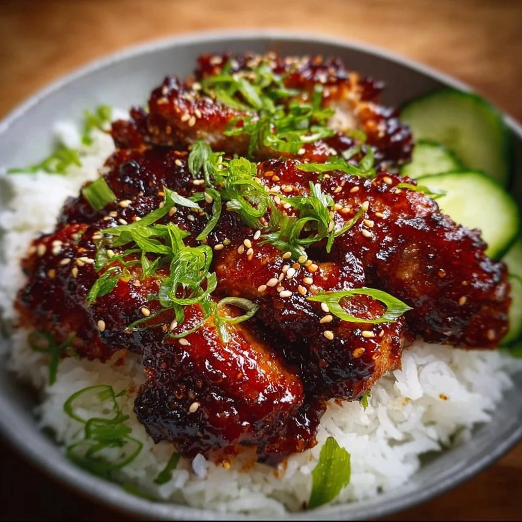 Sticky Honey Gochujang Chicken dish garnished with sesame seeds and green onions.