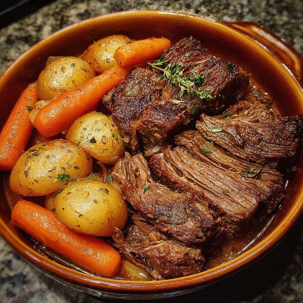 Delicious tender pot roast served with vegetables on a plate