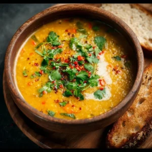 Bowl of Thai-inspired coconut lentil soup garnished with herbs and spices.
