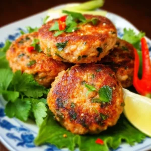 Plate of Thai Salmon Cakes garnished with herbs and served with dipping sauce.
