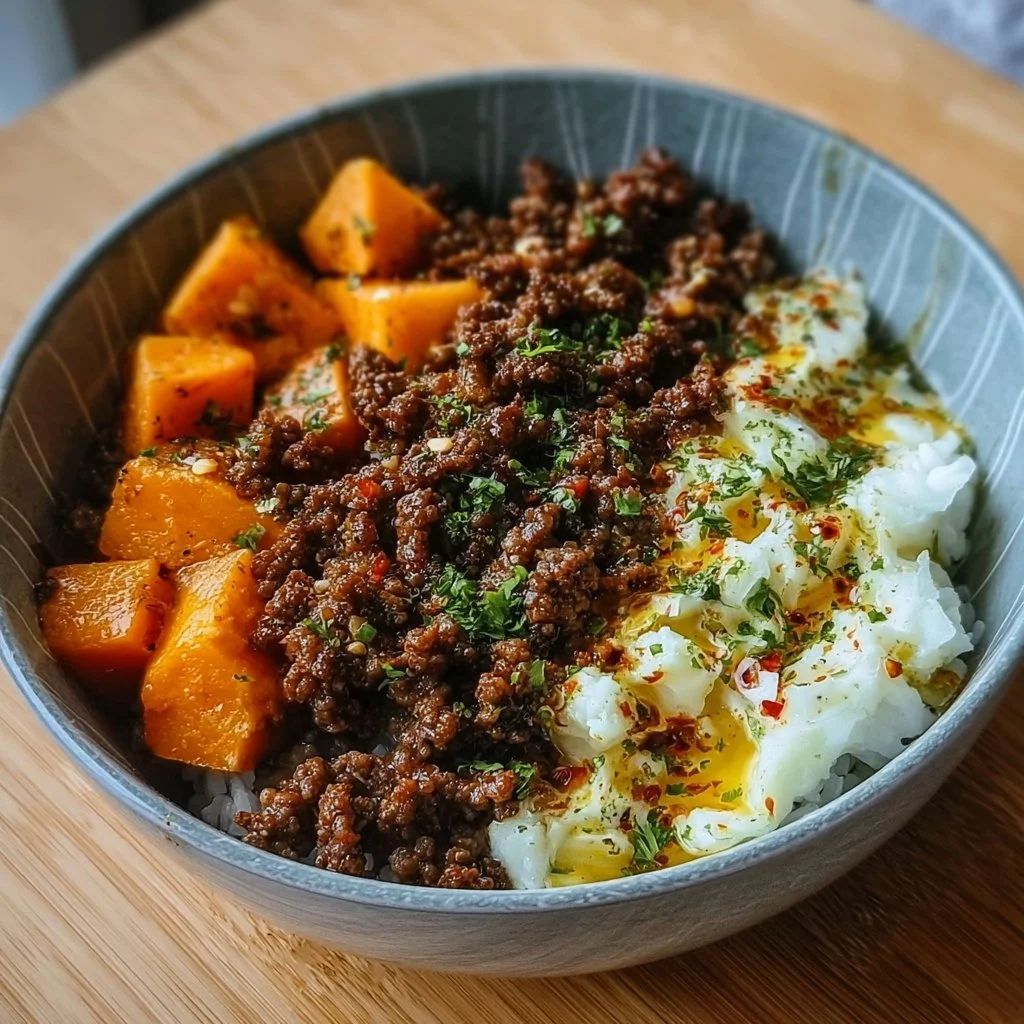 Delicious viral ground beef hot honey bowl with toppings.