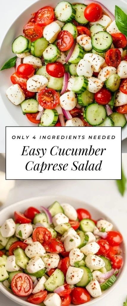 Cucumber Caprese Salad featuring cucumbers, mozzarella, and tomatoes arranged beautifully