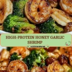 Plate of high-protein honey garlic shrimp garnished with herbs
