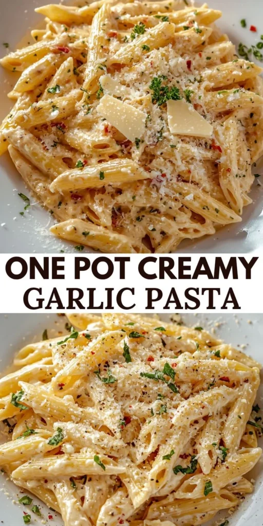 Delicious one pot creamy garlic pasta dish topped with herbs