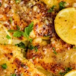 Plate of quick and easy lemon chicken garnished with herbs